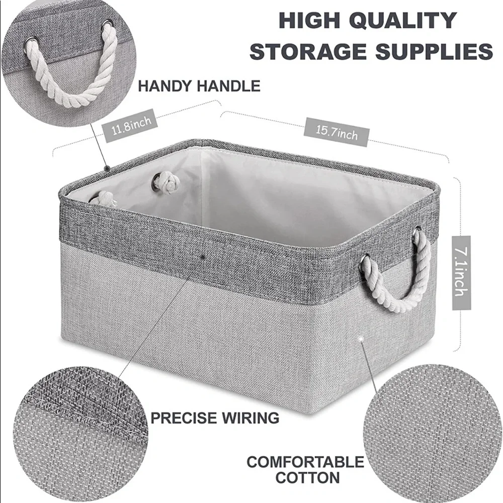NEW! Large Canvas Storage Bin Foldable Fabric Basket with Handles Durable Gray